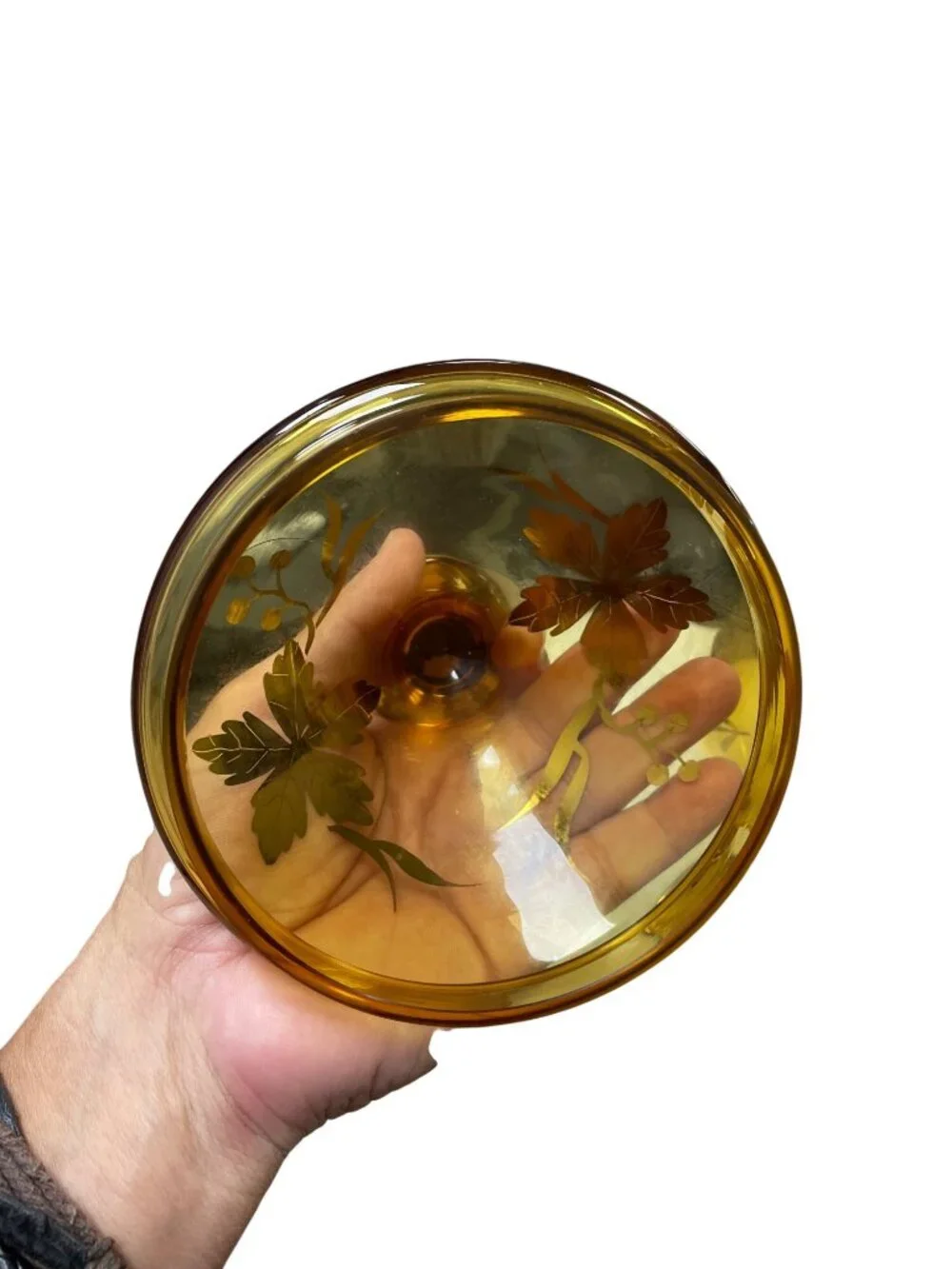 Romanian Vintage amber glass gold leaf pedestal candy dish SKU 140-814